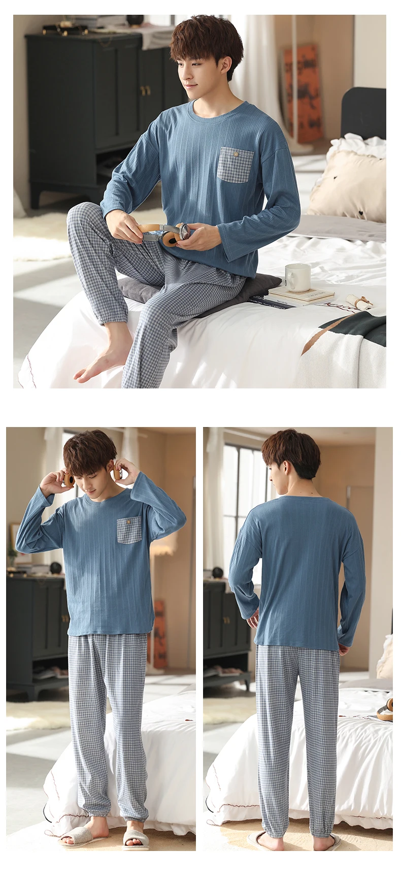 Autumn Men Pyjama Set Full Cotton Pajama Suit Long Sleeve Plaid Pijamas Hombre Sleepwear Winter Night Sleepwear Male Home Wear cotton pajama pants