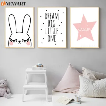 

Cartoon Rabbit Prints Wall Poster Nursery Decoration Art Pink Decorative Poster Dream Big Little One Canvas Painting