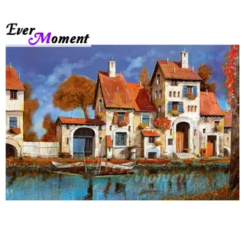 

Ever Moment Diamond Painting House along River Boat Picture Of Rhinestone Mosaic Full Square Drill Diamond Embroidery 3F2263