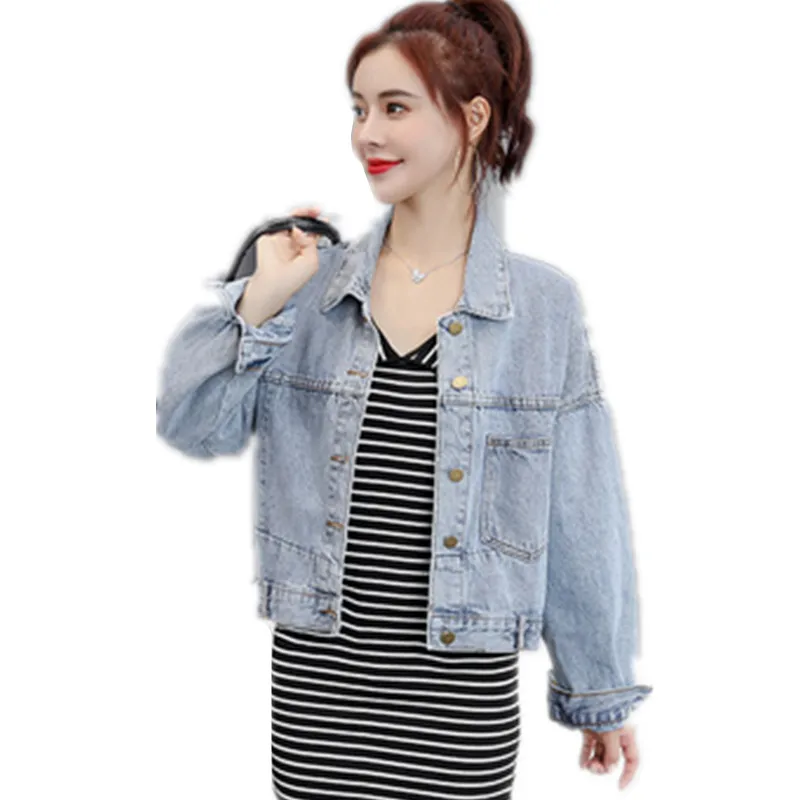 

Women loose bf Denim jacket 2022 new spring and autumn single-breasted solid color all-match blouse short denim coats A377