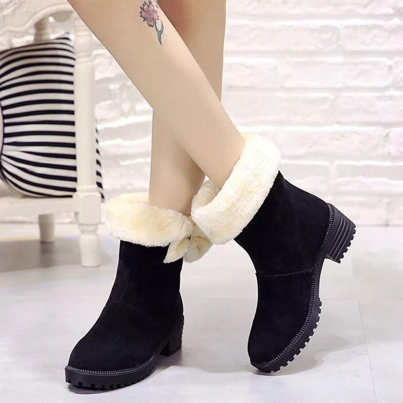 E TOY WORD Winter snow boots female bow-knot Middle tube boots 2019 new warm plus women shoes thick heel fashion cotton shoes
