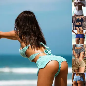 

Women New Summer Swimwear Pants Lady Bikini Brazilian Cheeky Lace Up Bandage Solid Color Knitted Bottom Swimwear Swimsuit Briefs