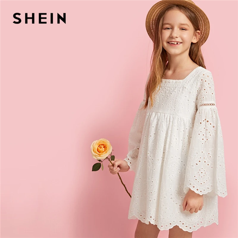 

SHEIN Kiddie White Square Neck Cut Out Girls Cute Dress 2019 Autumn Holiday Flounce Sleeve Scallop Hem Zipper Kids Short Dresses