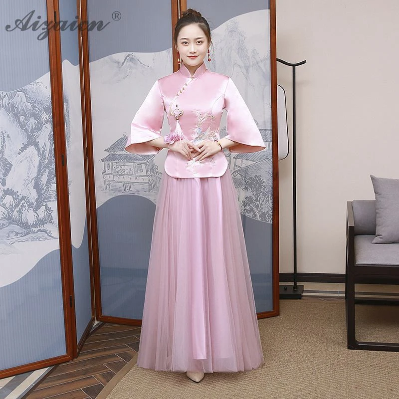 Модная Розовая Трикотажная юбка длинное платье Ципао современное винтажное для