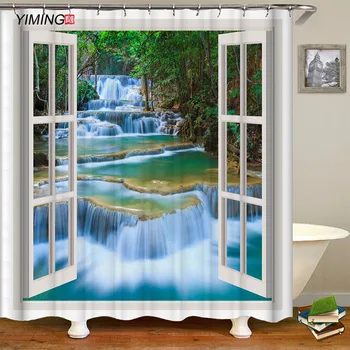 

Bathroom Waterproof Shower Curtain 3D Outside Window Waterfall Printed Polyester Belt Hook Home Decoration Curtain Belt Hook