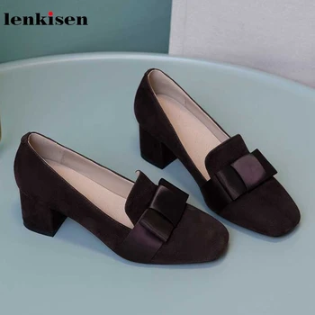 

Lenkisen new genuine leather bowtie ladies shoes square toe high heels slip on solid sweet Princess fairy autumn women pumps L77