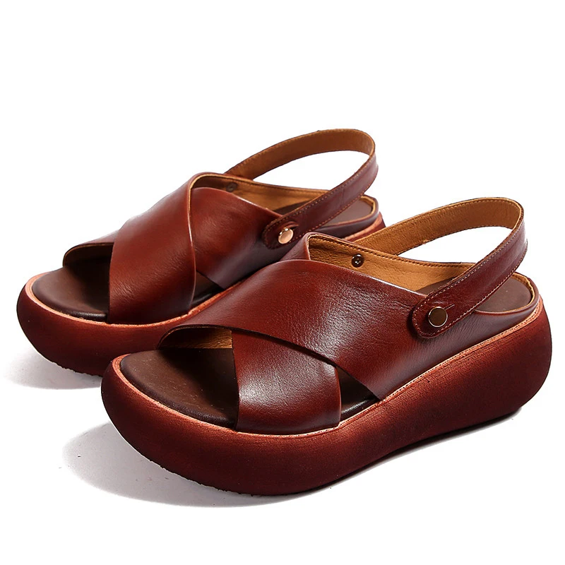 

Genuine Leather Sandals Women summer 2021 New Ladies Sandals Platform Casual Thick Fashion Retro Women Shoes