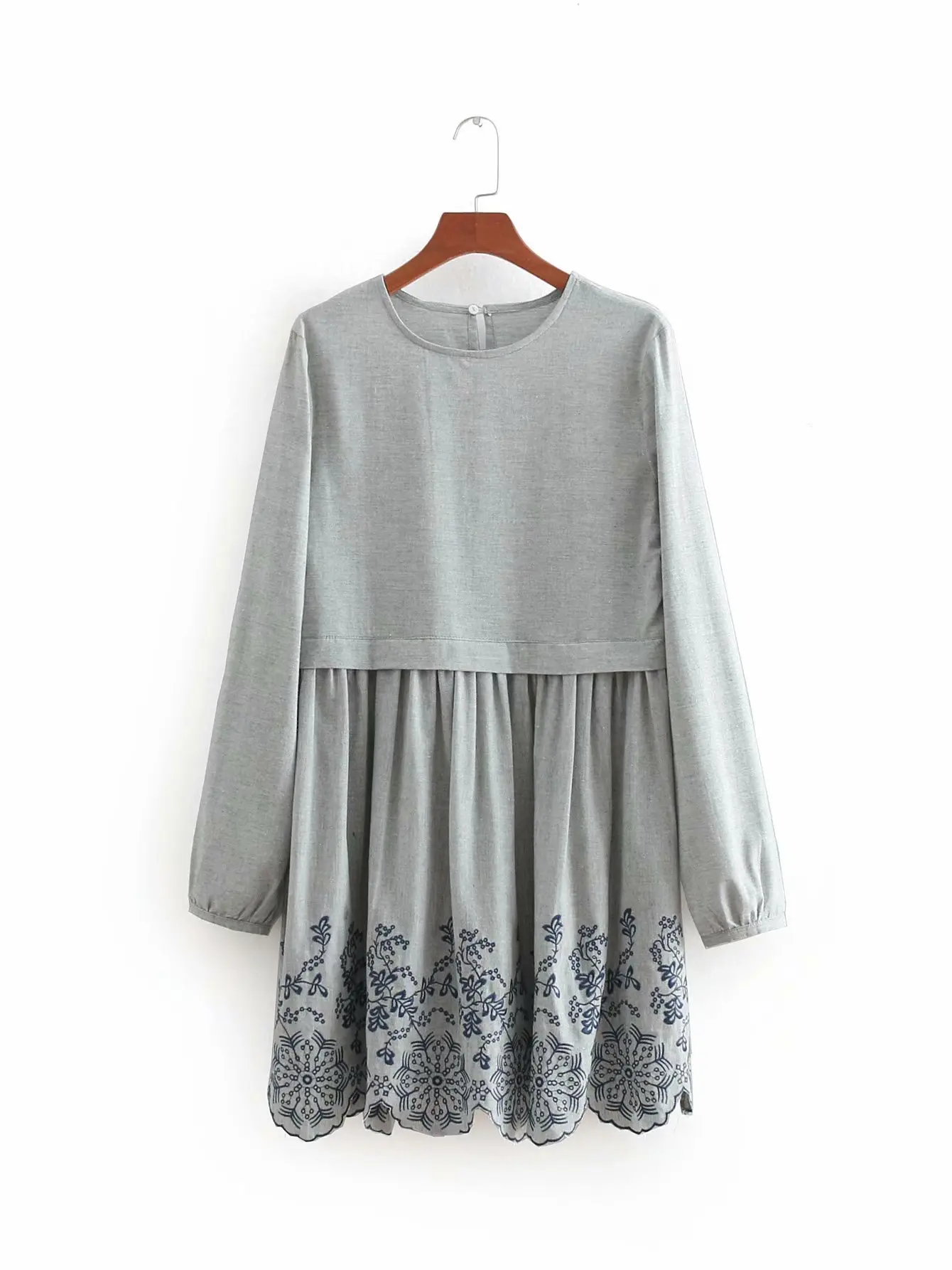 

2018 Western Style Autumn And Winter Women's Dress New Style Crew Neck Long Sleeve Gray Cotton Linen Embroided Dress