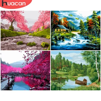 

HUACAN Paint By Numbers On Canvas Tree Hand Painted Art DIY Pictures By Number Oil Painting Forest Landscape Gift