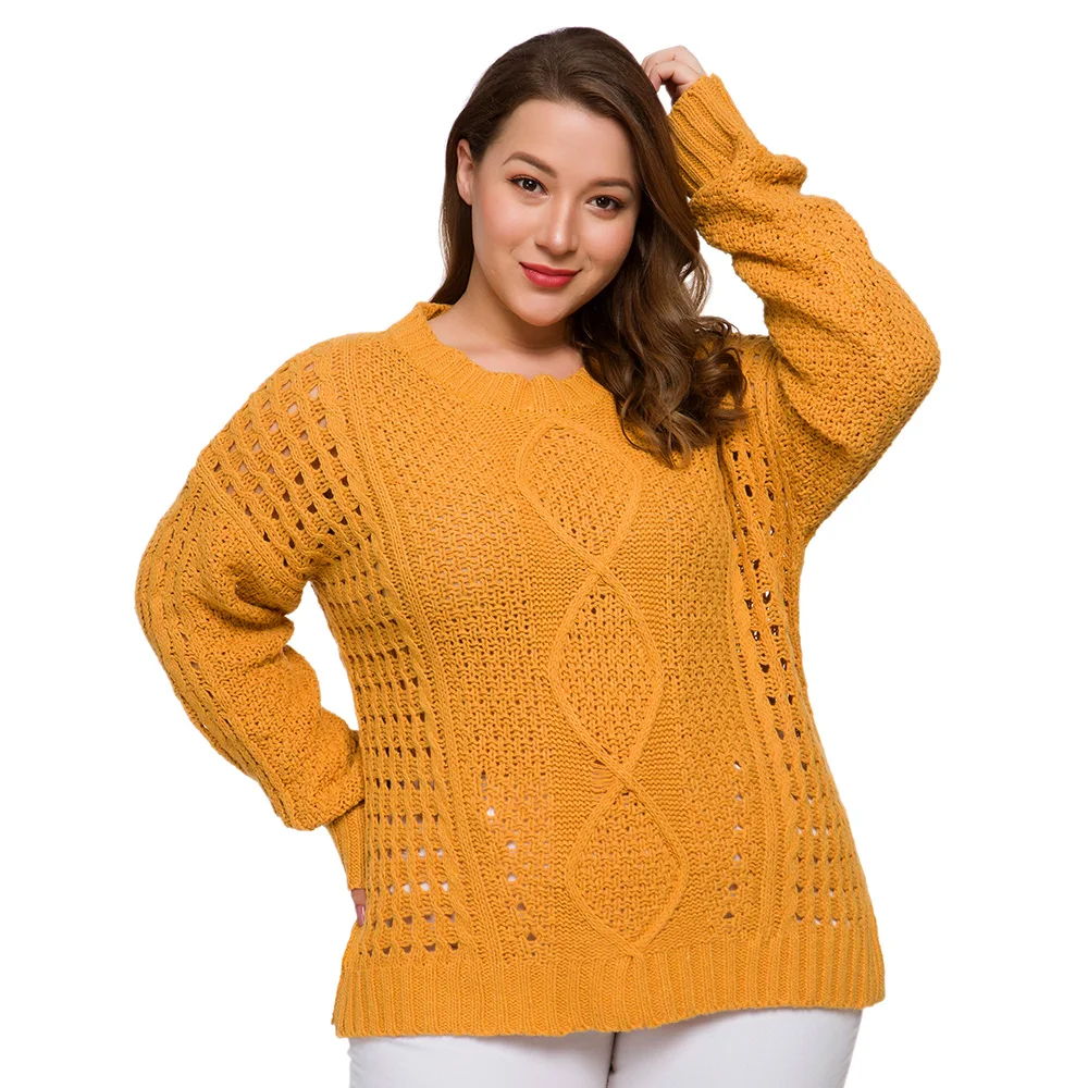 

sweater female knitted sweater women pullover 2019 fall winter tops for women fat Diamond stripe cutout oversized sweater XL-4XL