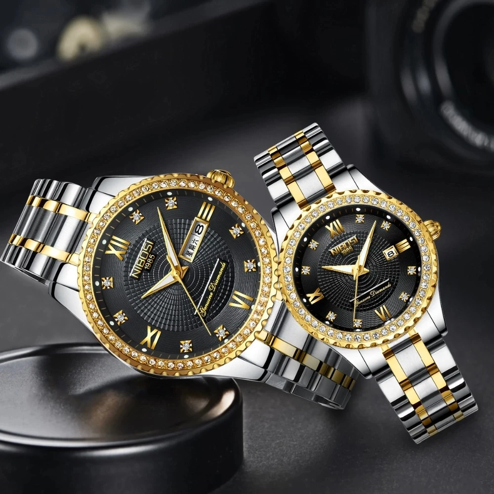 Nibosi Black Couple Watches Top Brand Luxury Men's Watches Auto Date