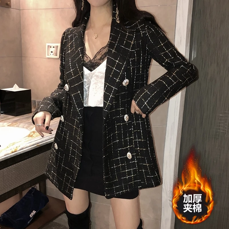 

2019 winter Korean version of the temperament casual checked small suit women retro tweed jacket