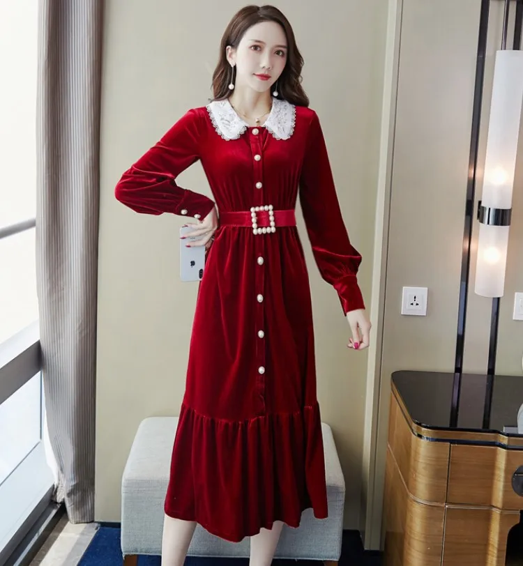 

2019 Autumn And Winter New Year Clothes Women's French Literature And Art Graceful Velvet Dress Slimming Elegant Annual General