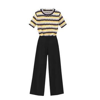 

Women Summer Cloth Fashion Stripe T Shirt top and Wide Leg Pant two pieces set Large Plus Size Kint Sweater Big Matching outfit
