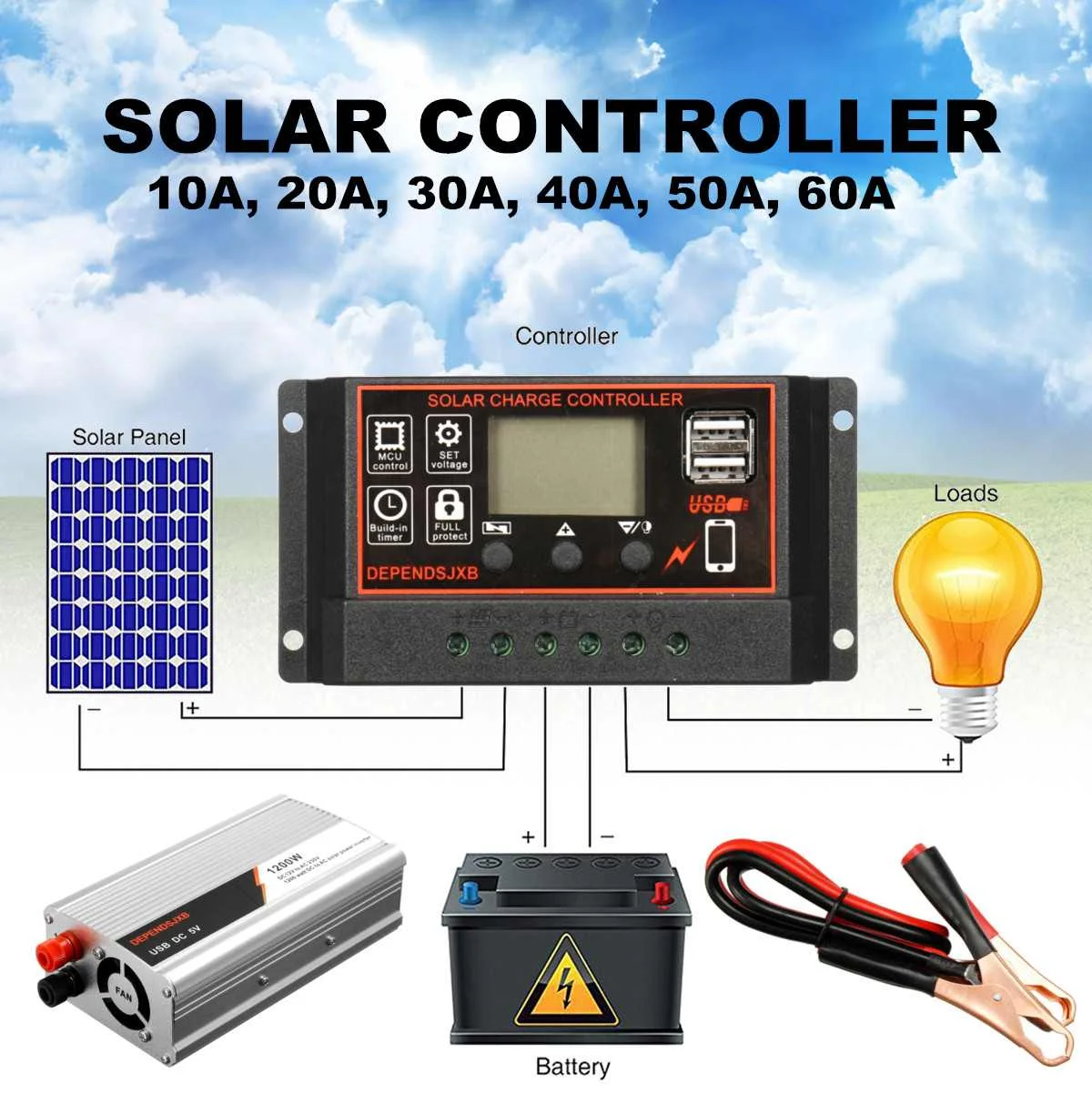 12/24V 10A~ 60A ШИМ USB, зарядное устройство солнечной Зарядное устройство регулятор+ Панель+ инвертор двойной USB ЖК-дисплей Дисплей Панели солнечные комплект с кабелем