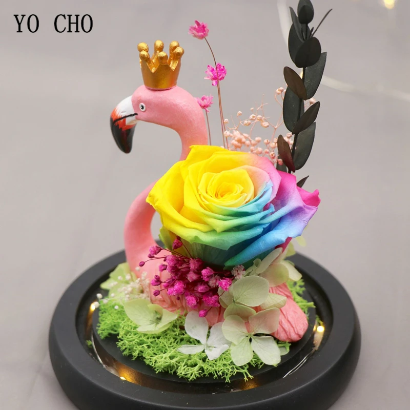 Йо Чо вечный сохраненный цветок розы Рождественский подарок на день Святого Валентина настоящая Роза стеклянный купол Фламинго королева бессмертный цветок розы подарок