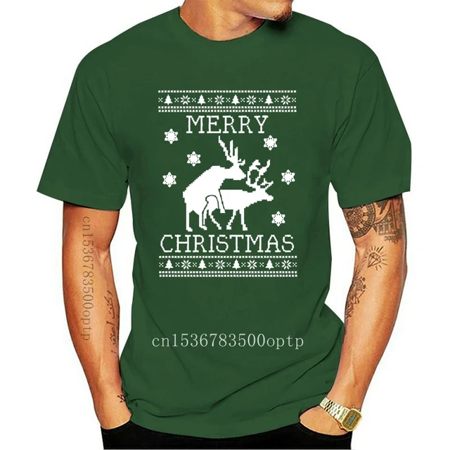 New 2021 Cotton Reindeer Humping Ugly Christmas Sweater T-Shirt Merry Xmas Party Present Gift Short-Sleeve T-Shirt greenMen