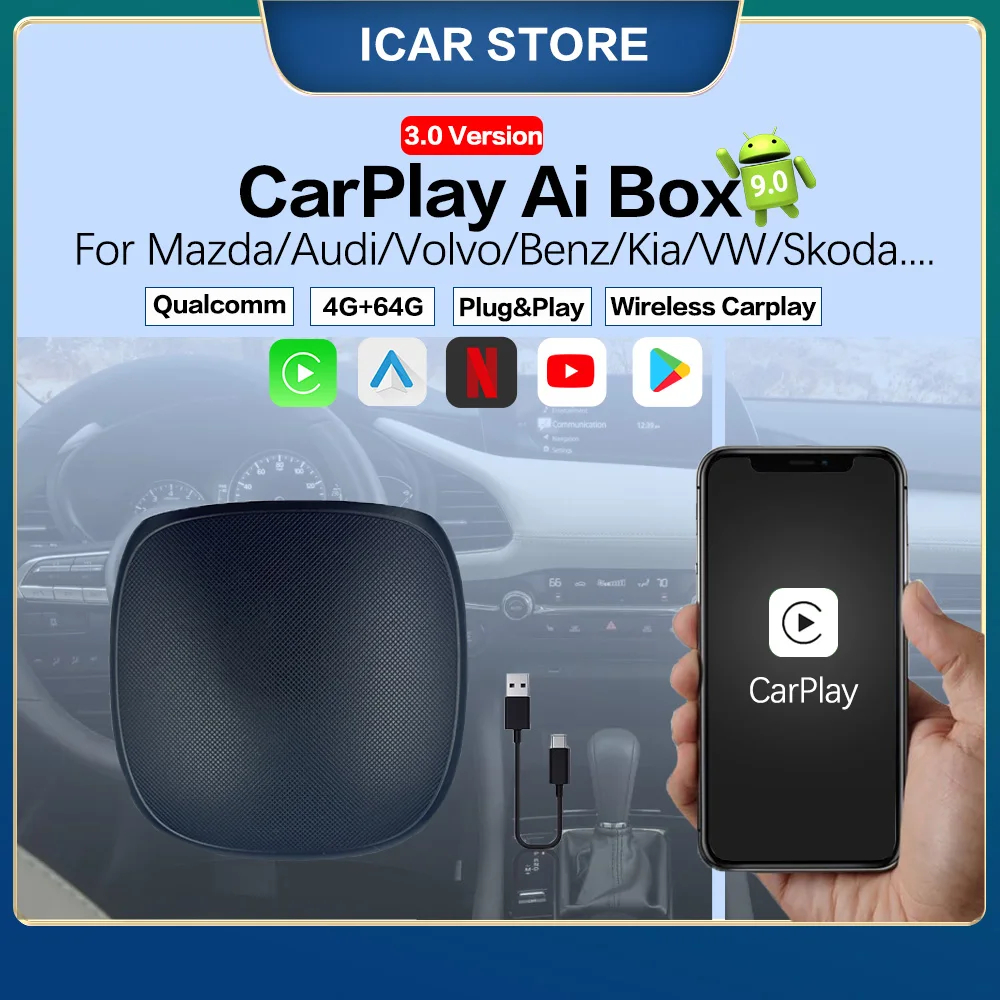 Беспроводная Автомагнитола Android CarPlay Ai Box Netfilx Spotify YouTube с экраном 9.0 система UX999 Pro