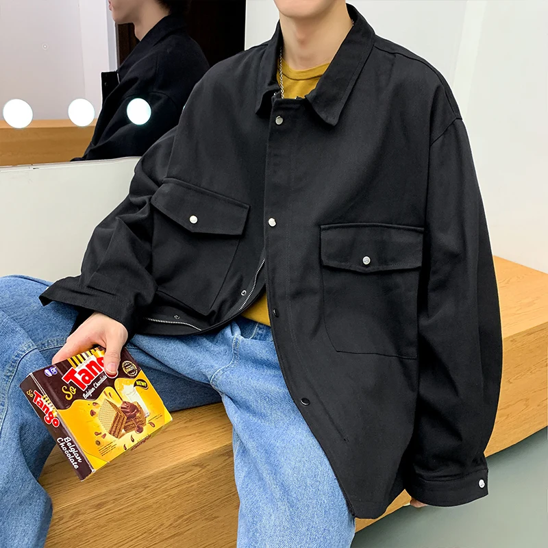 Black Friday Spring Jacket Men's Fashion Solid Color Casual Overalls Jacket Mens Streetwear Loose Hip Hop Bomber Jacket Men Outwear M-2XL