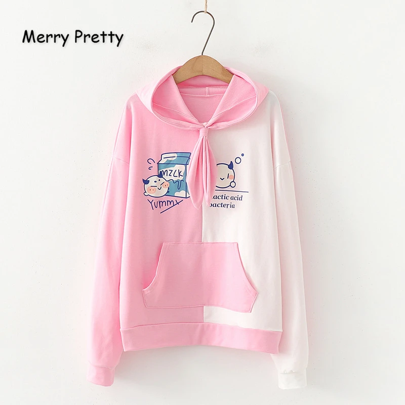 Merry Pretty женские розовые толстовки с капюшоном с мультяшным принтом Зимние толстовки с длинными рукавами и галстуком-воротником женские пуловеры Harajuku