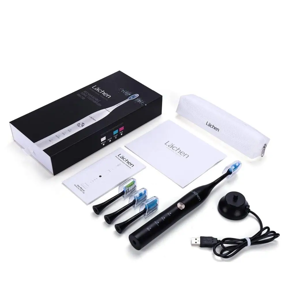 Lachen RM-T5B электрическая ультразвуковая зубная щетка с 4 щеточными головками и таймером 3 режима USB зарядка 60 дней Срок службы батареи IPX7 - Цвет: Черный