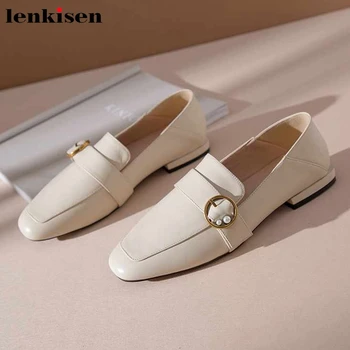 

Lenkisen hot elegant pearl metal decorations cow leather square toe low heels slip on spring fashion streetwear women pumps L00