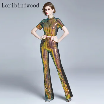 

2020 European and American Fashion Sequin Slim T-shirt Wide Leg Pants Suit Two-Piece Women's Clothing