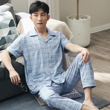 Summer Pajamas Men Short Sleeves Sleepwear Button-Down Cotton Pijamas Hombre Blue Plaid Nightwear PJs Set 2021 Pyjama Homme