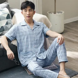 Summer Pajamas Men Short Sleeves Sleepwear Button-Down Cotton Pijamas Hombre Blue Plaid Nightwear PJs Set 2021 Pyjama Homme