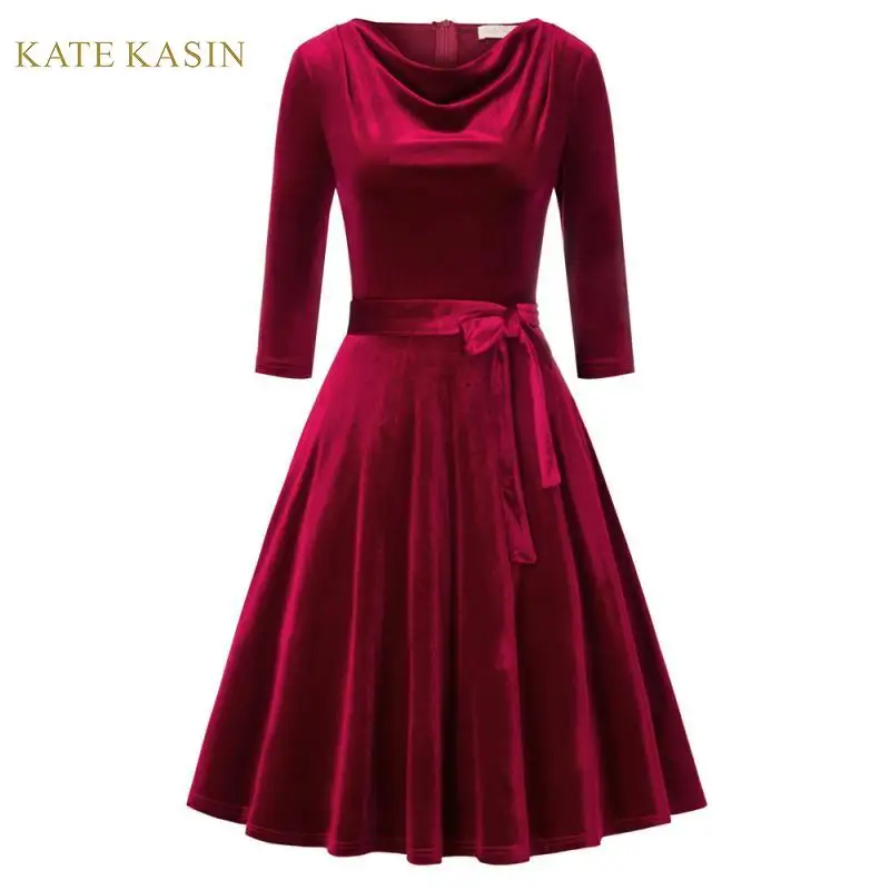

Kate Kasin 2019 Autumn 3/4 Sleeve Velvet Swing Belt Dress Vintage Style Women Slim A-Line Pleated Midi Dress Wine/Black S-XXL