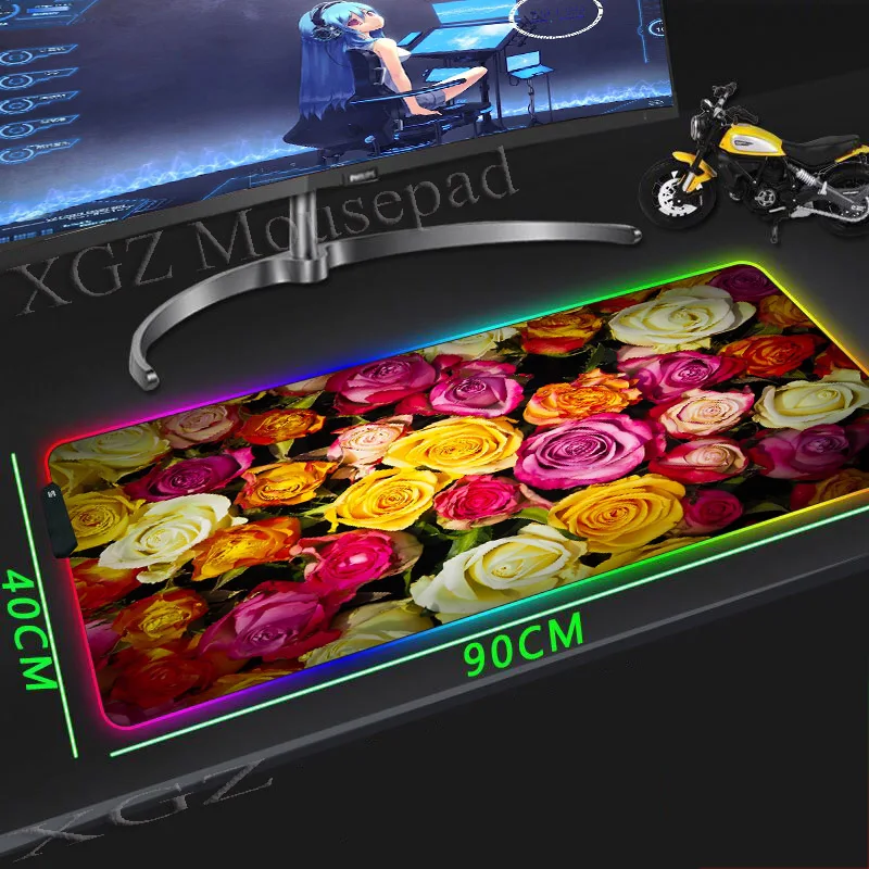  XGZ Anime World Flowers Rose Custom Large RGB Mouse Pad Black Lock-edge Office Computer Desk Mat Ru