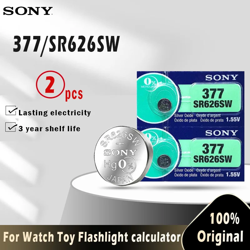 Pilas de 100% originales para relojes de juguete pila de moneda de 4 botones, 1,55 V, 377, 377A, SR626SW, SR626, AG4, LR626, SR66 AG, 2 uds.