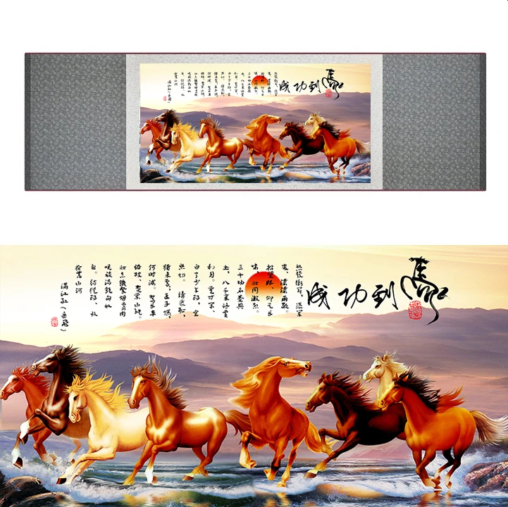 

top quality Chinese Horse silk painting Horse art painting Silk scroll art painting eight horse painting2019062801