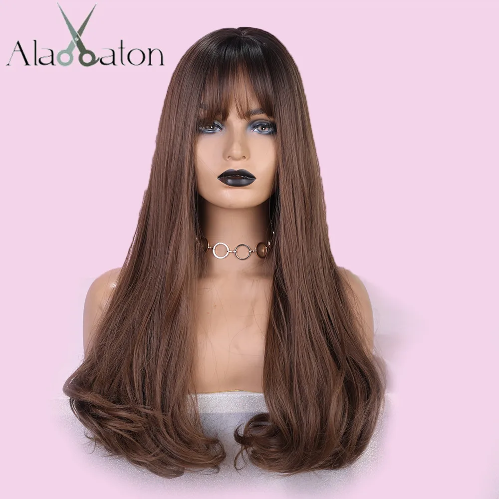

ALAN EATON Ombre Synthetic Wigs with Bangs High Temperature Fiber Black Brown Long Wavy Wigs For Women Daywear Party Cosplay