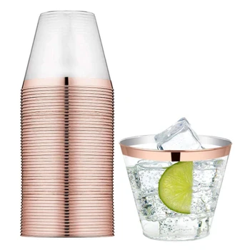 

50Pcs Disposable Plastic Cups Rose Gold Rimmed 9Oz Transparent Cups Tableware for Wedding Birthday Parties