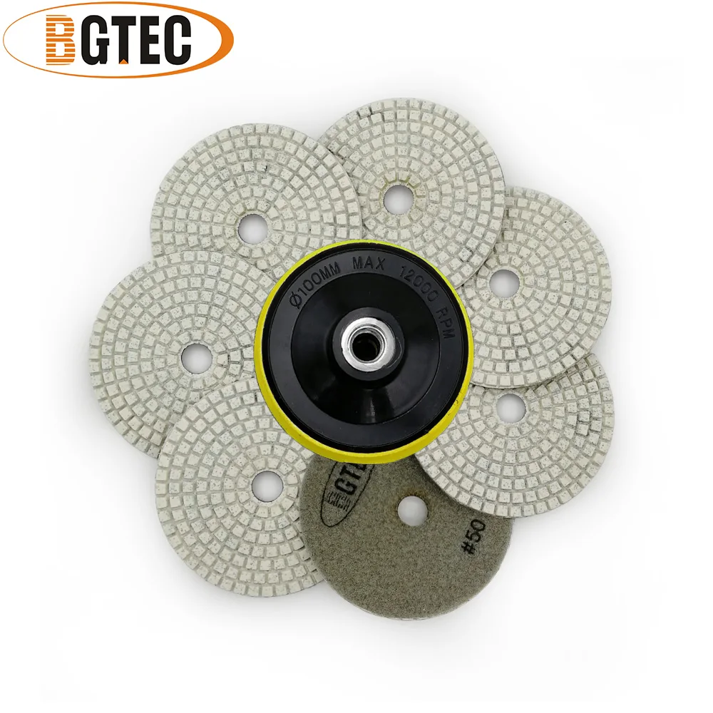 

BGTEC 4inch 7pcs #50 wet diamond flexible polishing pads with M14 Plastic Backer pads 100mm grinding disc for marble & granite