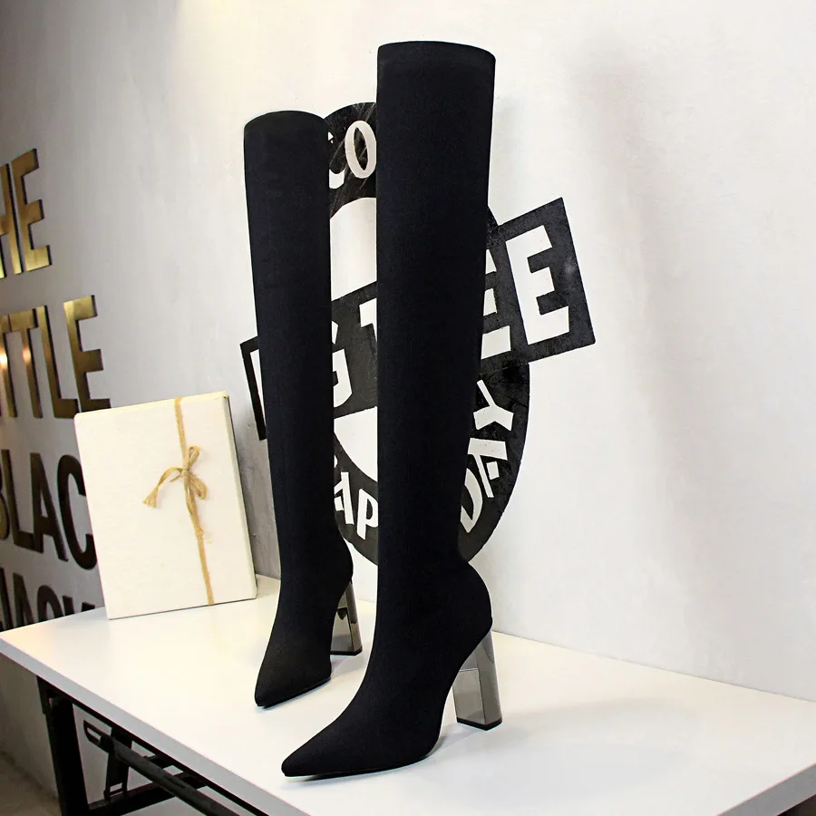 LTARTA/; женские высокие сапоги; сапоги до колена на высоком квадратном металлическом каблуке с острым носком; пикантные эластичные сапоги из тонкой шерсти DS-3128-1 - Цвет: black