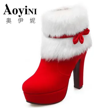 

Women Ankle Boots Christmas High Heels Platform Shoes Femme Winter Warm Fur Short Boots Red Black Ladies Party Shoes Plus Size
