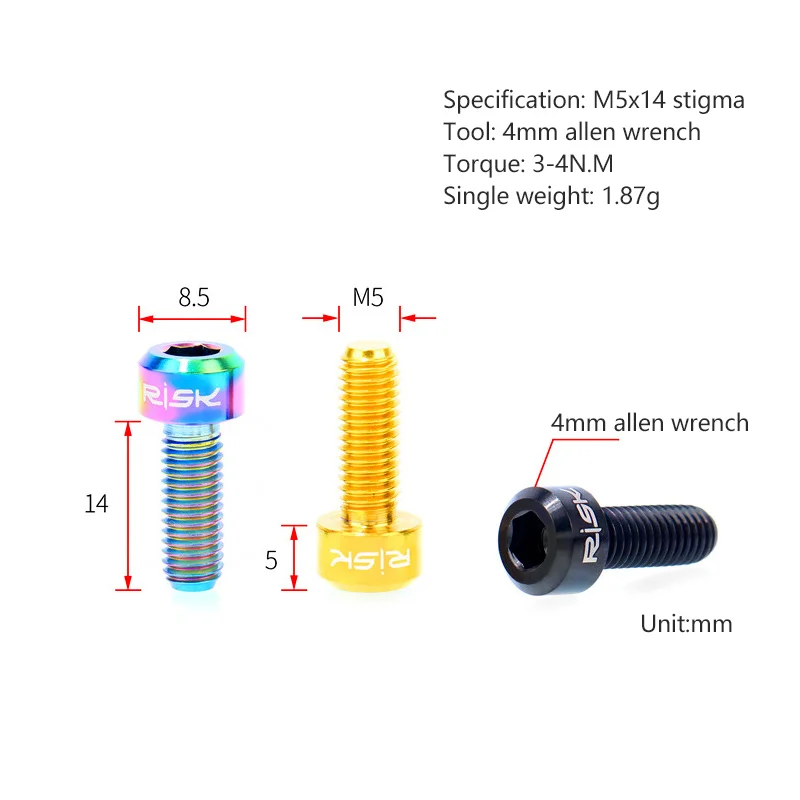 Risk 2 шт. M5* 14 титановый тормозной рычаг болты для MTB переключатель рычаг винты фиксированная Тормозная ручка болт 4 цвета запчасти для велосипеда