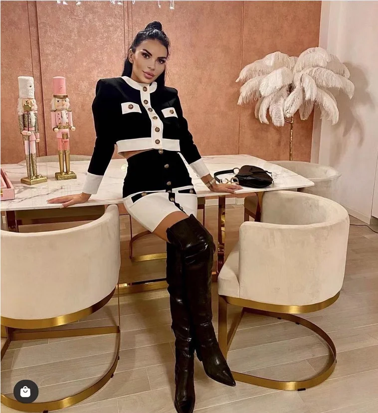 2021 New High Street Summer Patchwork 2 Two-Piece Set O-Neck Long Sleeve Pocket Button Mini Bandage Dress Female Short Set 2