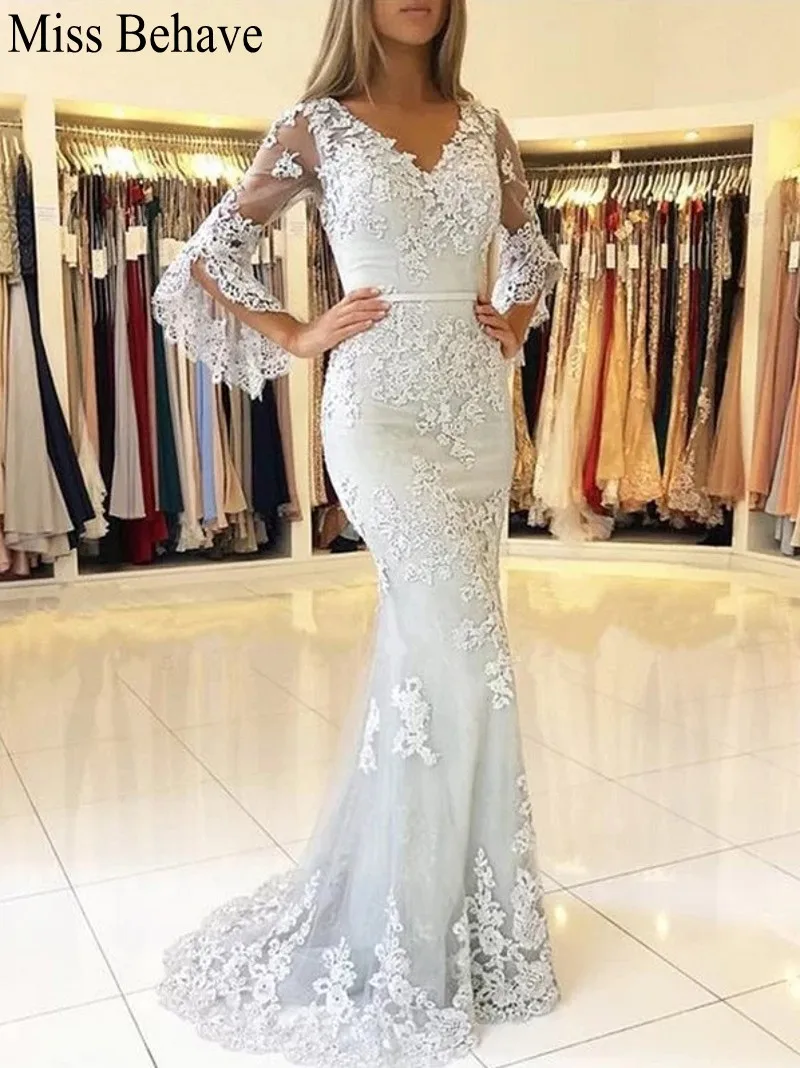 

DD JYOY Lace Evening Dress Long Sleeve V Neck Mermaid Evening Gown Zipper Back with Button Long Formal Dress with Train