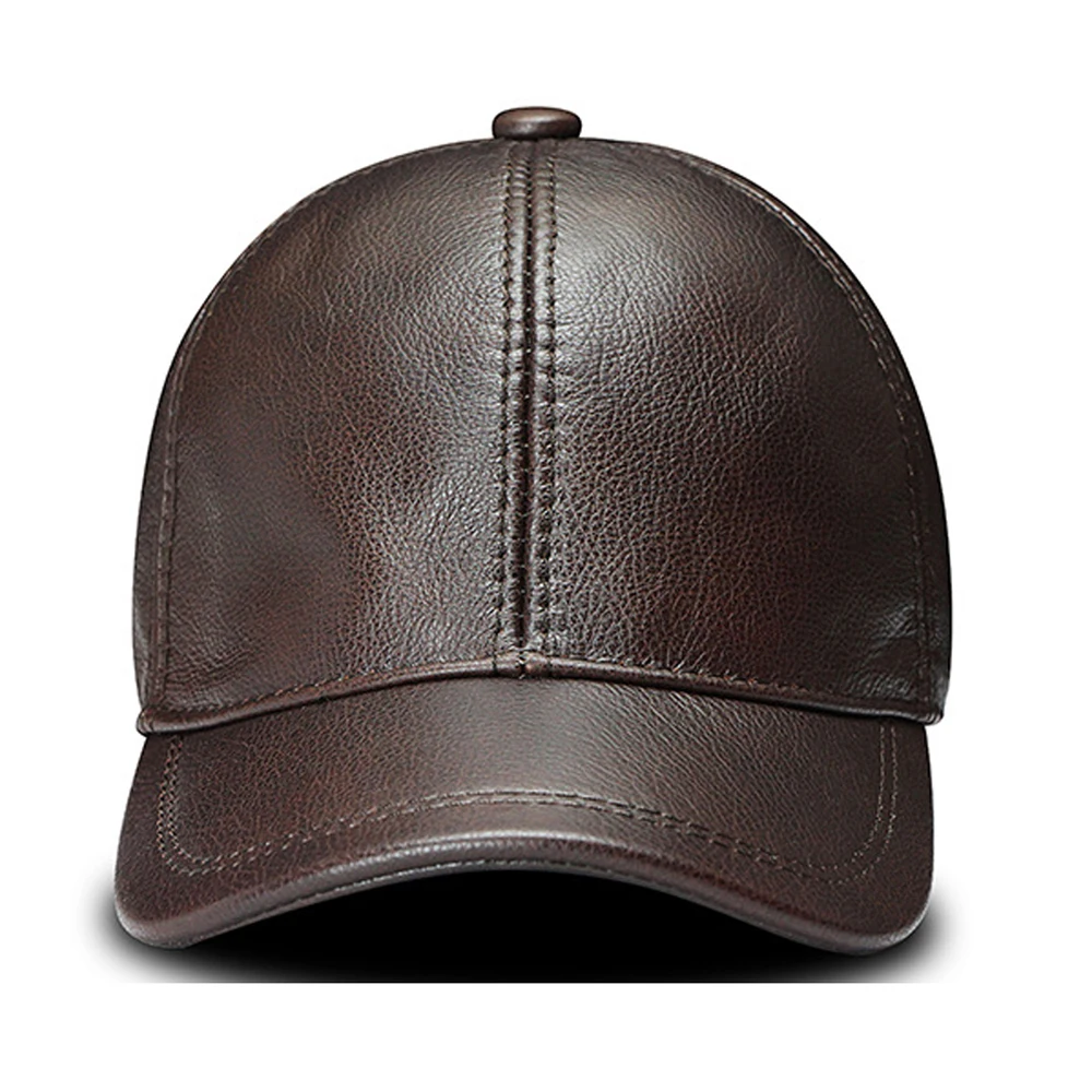 Men Real Cowhide Leather Earlap Caps Male Fall Winter 100% Real Cow Leather Hats New Casual Real Leather Outdoor Baseball Cap 5