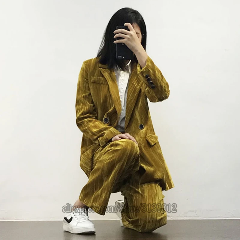 Winter Velvet Suit Pant Suits For Women Blazer Set Garnitur Damski Traje Mujer Costume Tailleur Femme Pantalon Et Veste Elegant