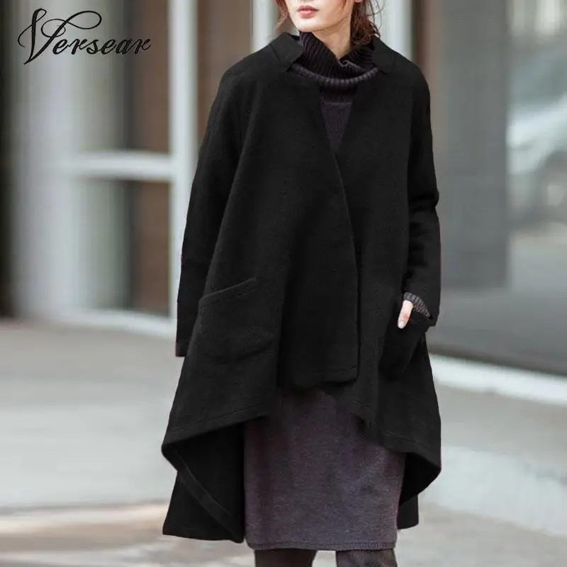 

Versear Women Autumn Outerwear Casual Solid Notched Collar Pockets Long Sleeve Irregular Coat Fashion Poncho Coat Plus Size 5XL