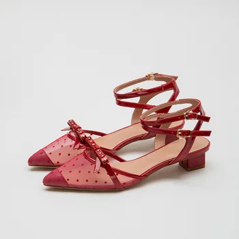 

2020 Thick Fariy‘s Shoes Blingbacks Pointed toe Ankle Strap Air mesh With Bowknot Fashion Lady Sandals Female Heel Sandals