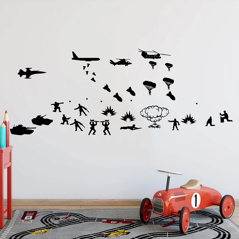 Cartoon Army Troops Helicopte Tanks Solider Wall Sticker Kids Room Baby Nursery Biplane Solider Militar Wall Decal Play Room  (3)