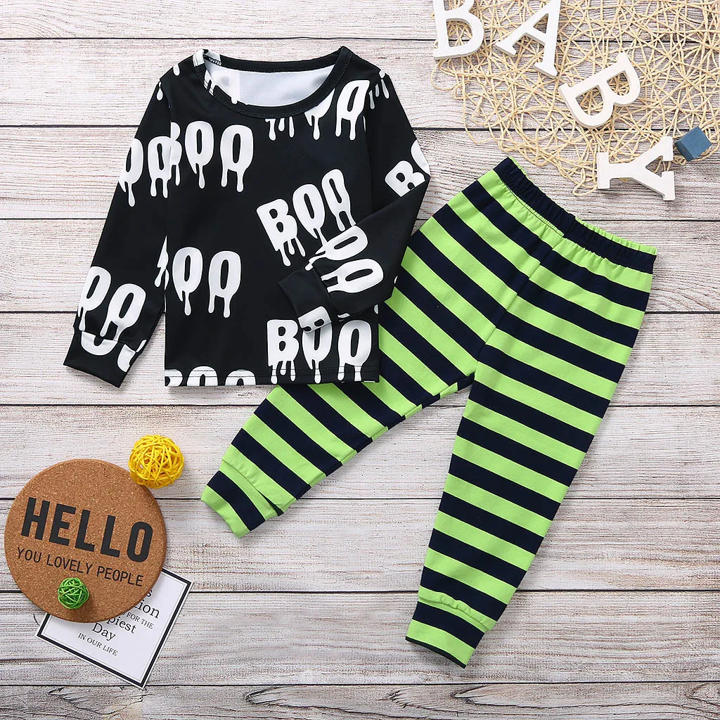 

2019 Autumn Infant Baby Boy Clothes Halloween Long Sleeve Print T Shirt Striped Print Pants Set Baby Boys Outfits