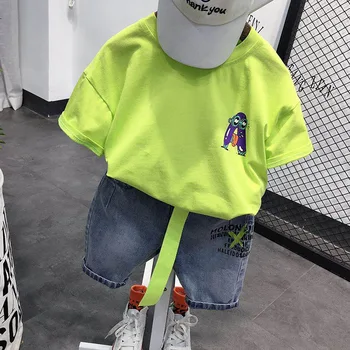 

2PCS WLG Boys Clothes Kids Summer White Green Cartoon Short Sleeve T Shirt and Denim Blue Short Set Baby Boy Casual Outfits