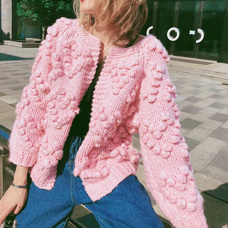 

Vintage Crochet Knit Cardigan 2021 Autumn Winter Oversized Cardigan Women O Neck Thick Warm Sweater Coat Lazy Oaf Knit Jacket