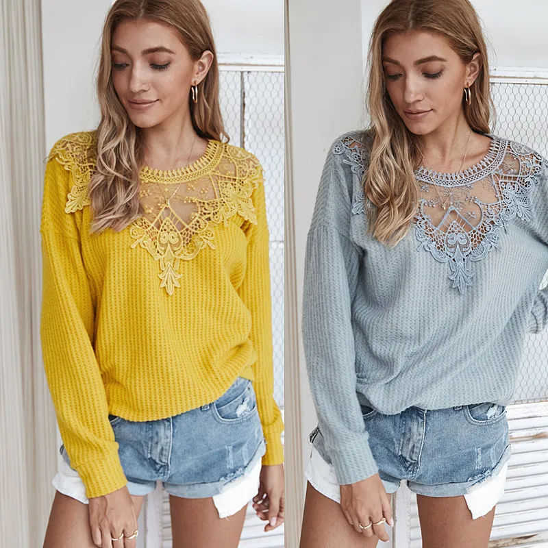 

Fashion Women Knitted Sweater Women Long Sleeve Lace Neck Autumn Winter Clothes Women Solid Casual Knit Pullovers Female Jumpers